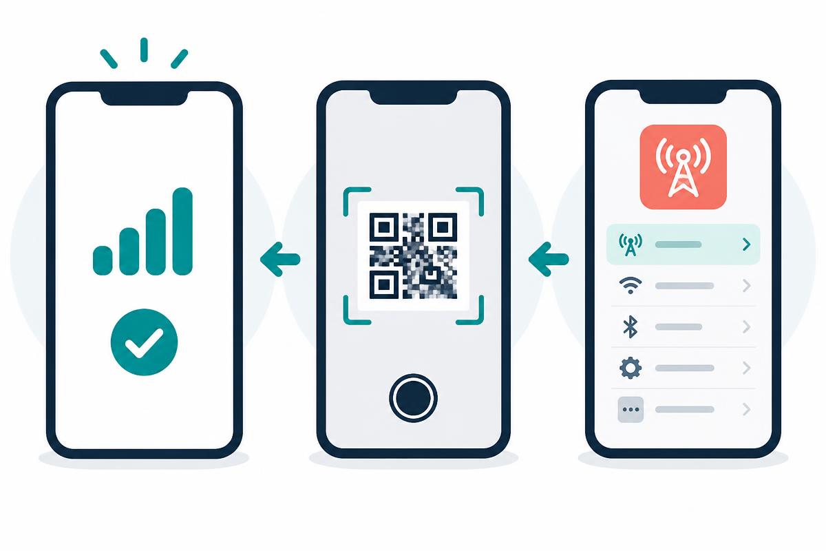 המחשה של שלבי התקנת eSIM בטלפון: הגדרות, סריקת QR וחיבור לרשת